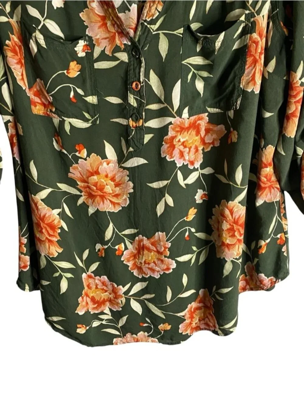 Torrid Women's Dark Green Floral Orange Blooms Henley Blouse - Picture 3 of 8